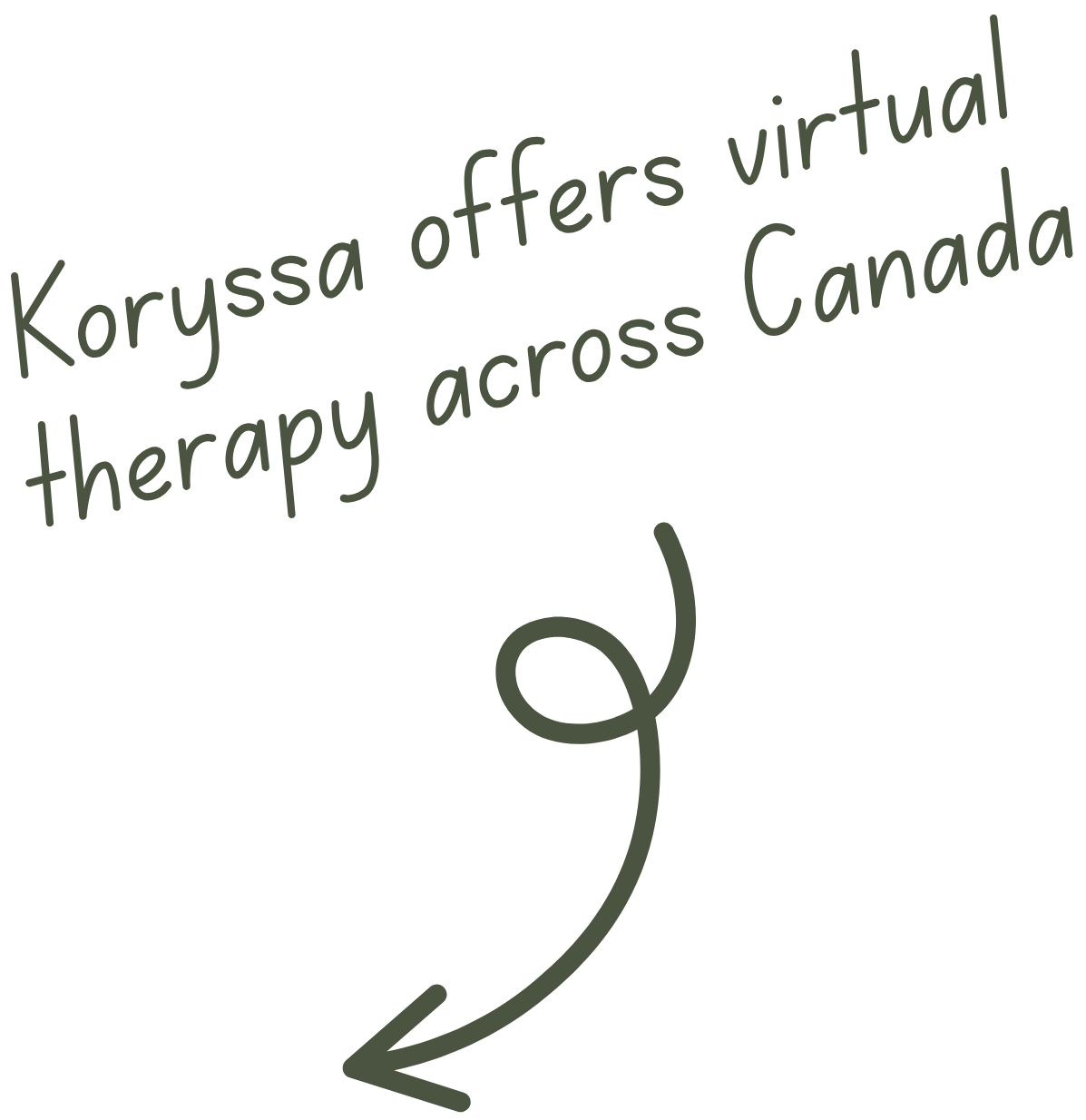 Text overlay reading "Koryssa offers virtual therapy across Canada" with a curved arrow pointing downward.