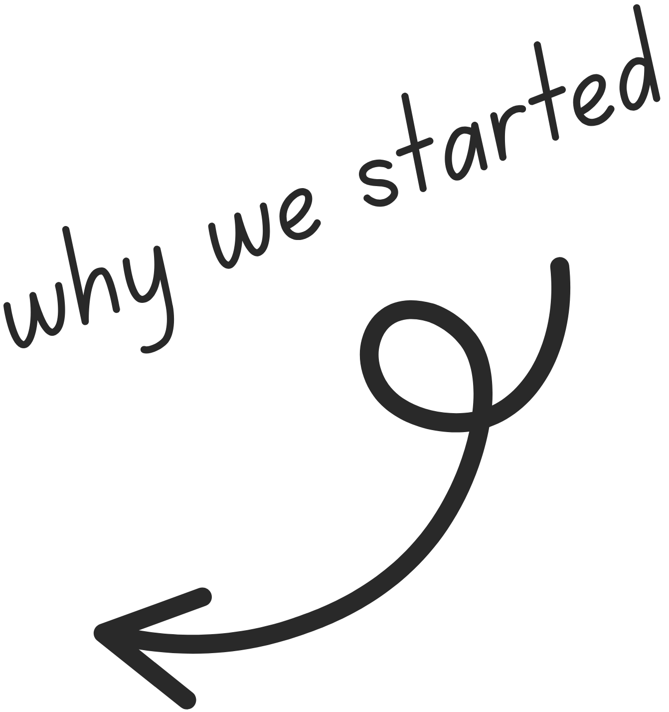 A black background with the phrase "why we started" written in gray, cursive font, and a large arrow pointing downwards.
