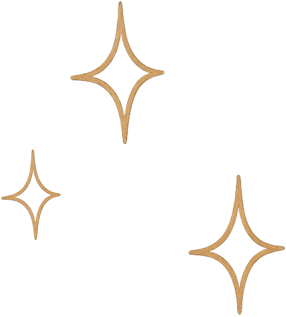 Decorative star-shaped embellishments with gold borders and multicolored, shiny centers.