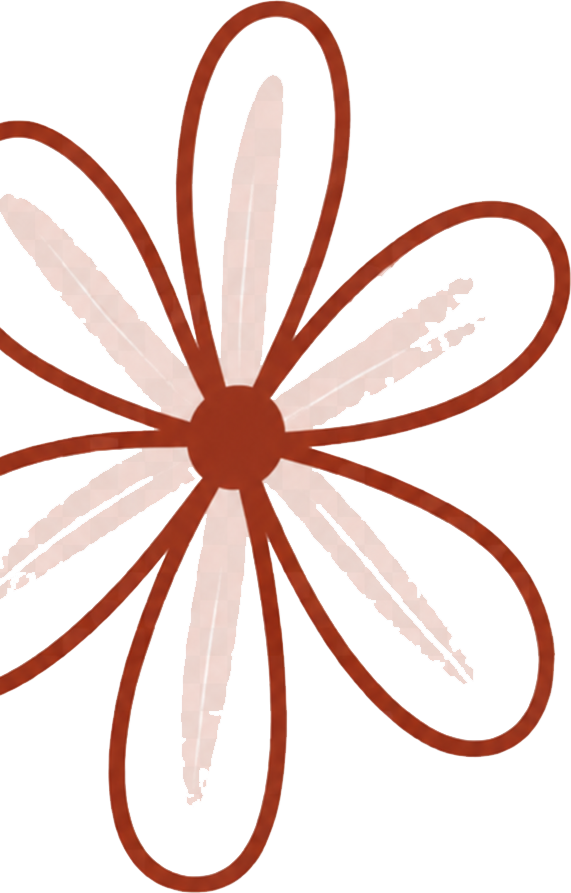A stylized drawing of a large flower with multiple petals outlined in brown, with pink, teal, yellow, and other colors in the background.