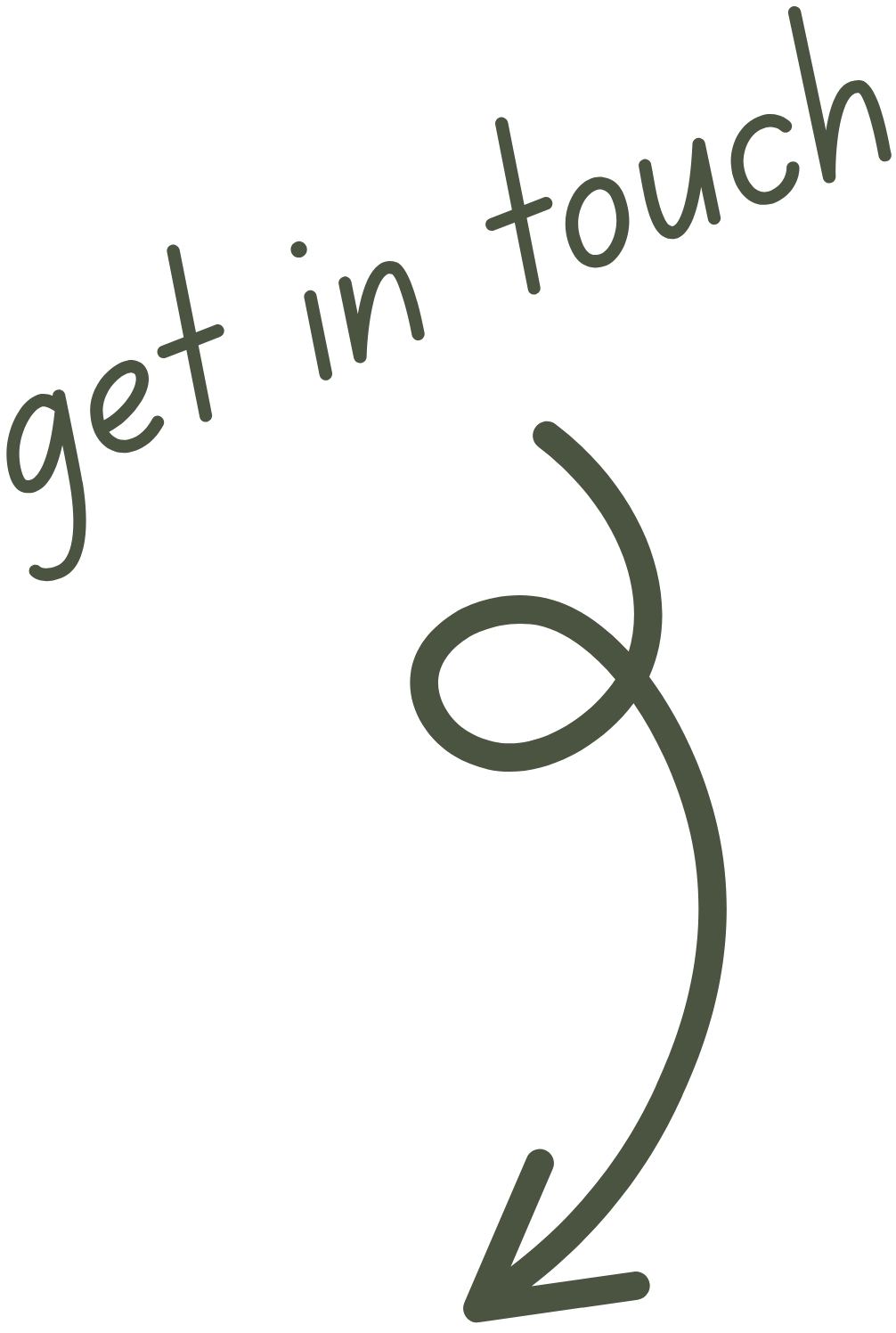 Graphic with the phrase "get in touch" and an arrow pointing downward.