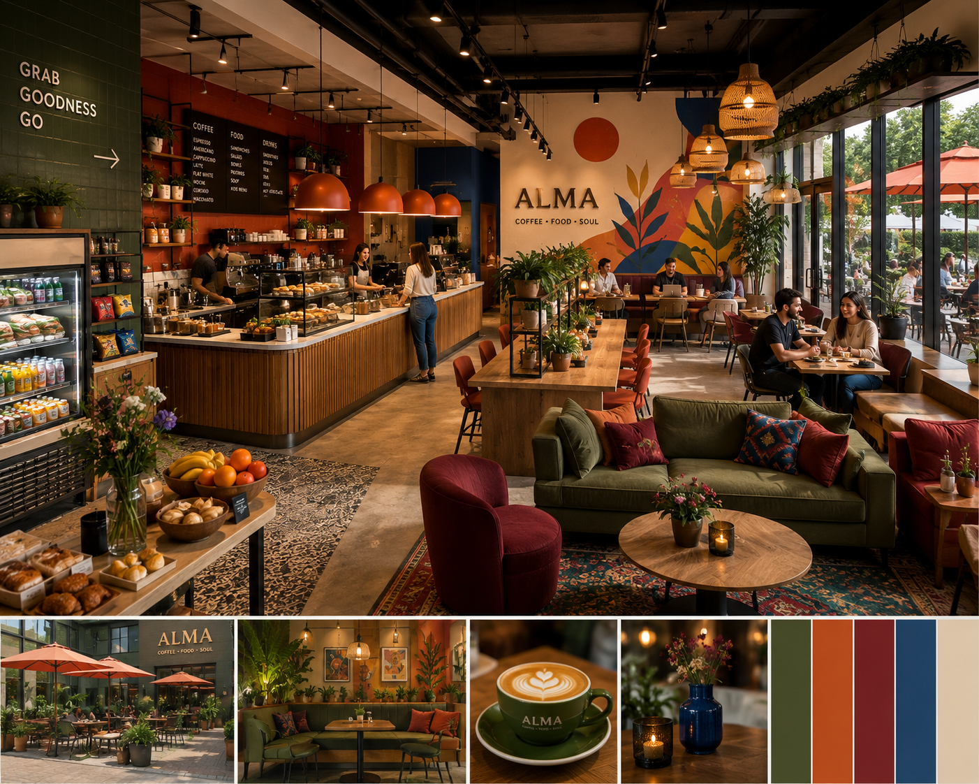 Interior of a cozy coffee shop with a counter serving coffee and food, customers sitting at tables, and large windows letting in natural light. Decor includes plants, paintings, and colorful cushions.