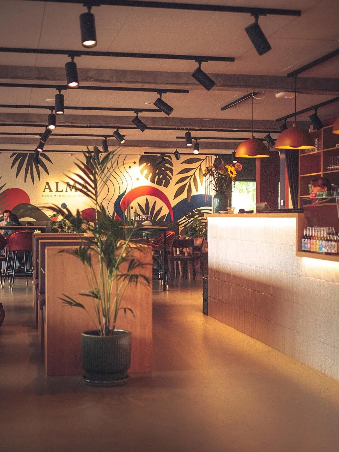View of interior of ALMA cafe in Billund. Bar with coffee station on the right, a colorful mural on the back wall, warm lighting, planters, and people seated at tables.