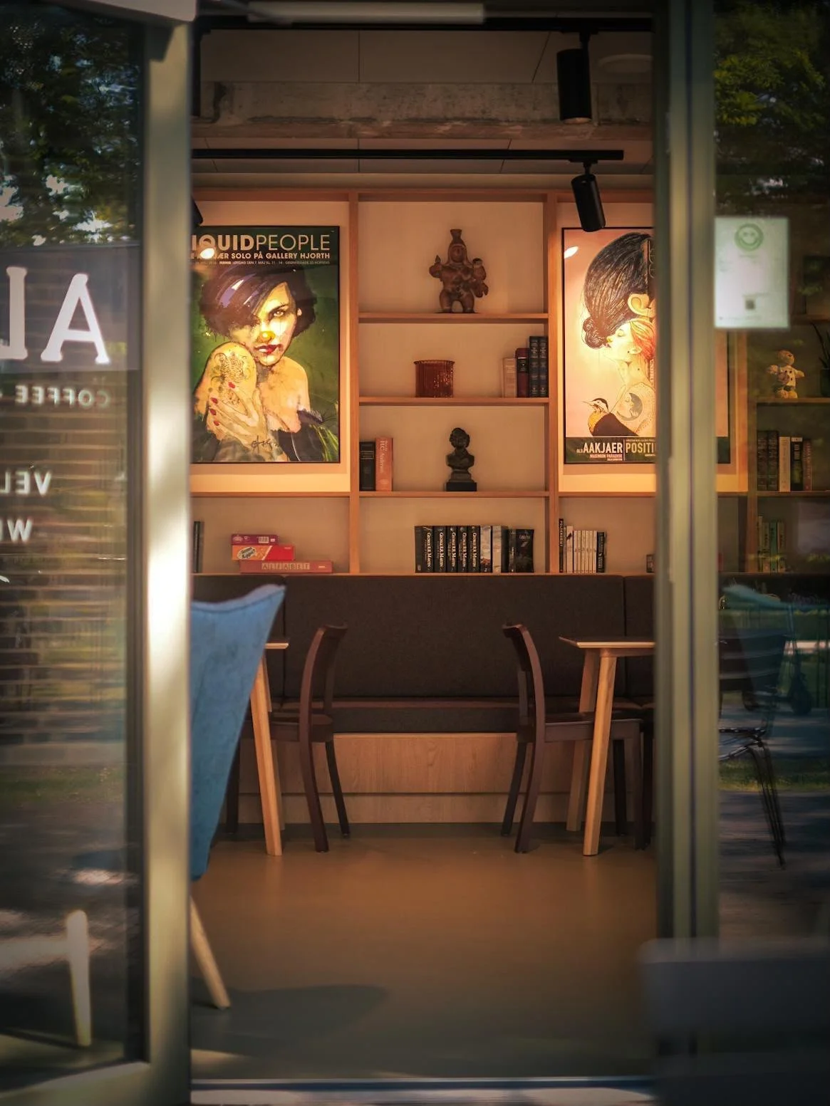 Interior of ALMA Cafe in Billind - a cozy café with a bookshelf, artwork, and comfortable seating, viewed through a glass door from the terrace.