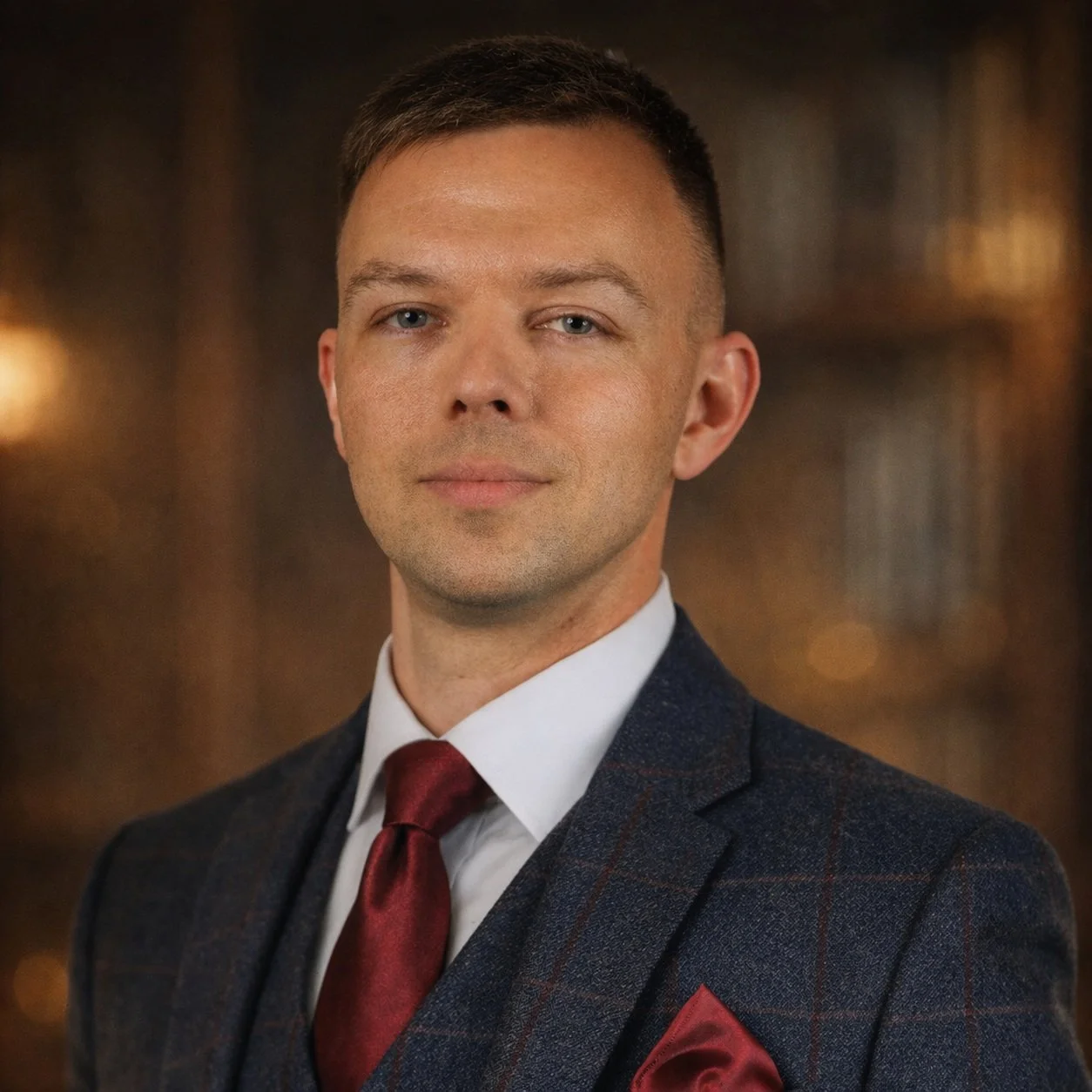A man in a dark suit and red tie, with short light brown hair, posing in front of a warm, blurred background.