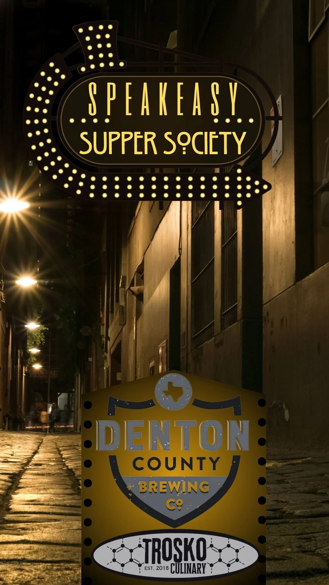 Night street view with illuminated signs for SpeakEasy Supper Society and Denton County Brewing Co, featuring a Trosko Culinary sign with Texas and molecular design elements.