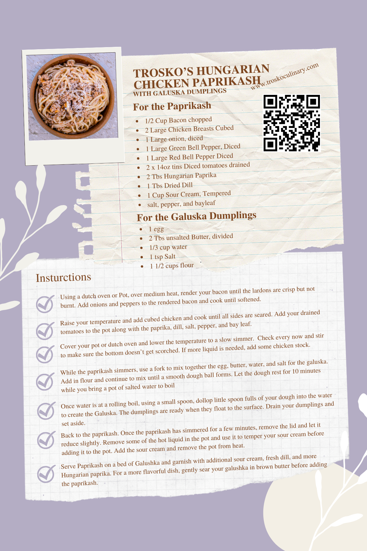 Recipe for Hungarian Chicken Paprikash with Galuska Dumplings, including ingredients and instructions, with a photo of the finished dish of pasta topped with grated cheese.