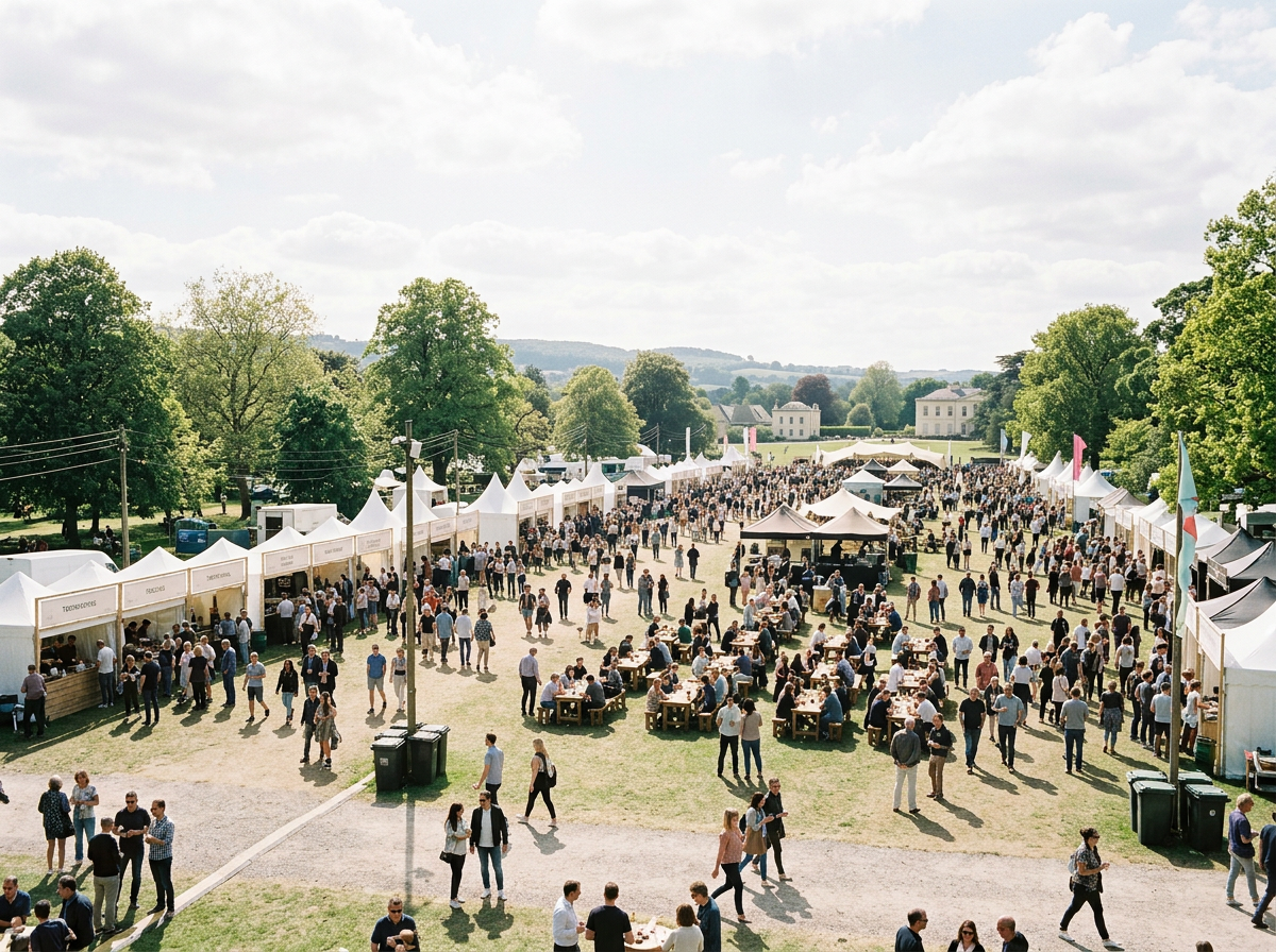 Outdoor fair with white tents, food stalls, and people walking and sitting at picnic tables on a grassy field with trees and a partly cloudy sky in the background.