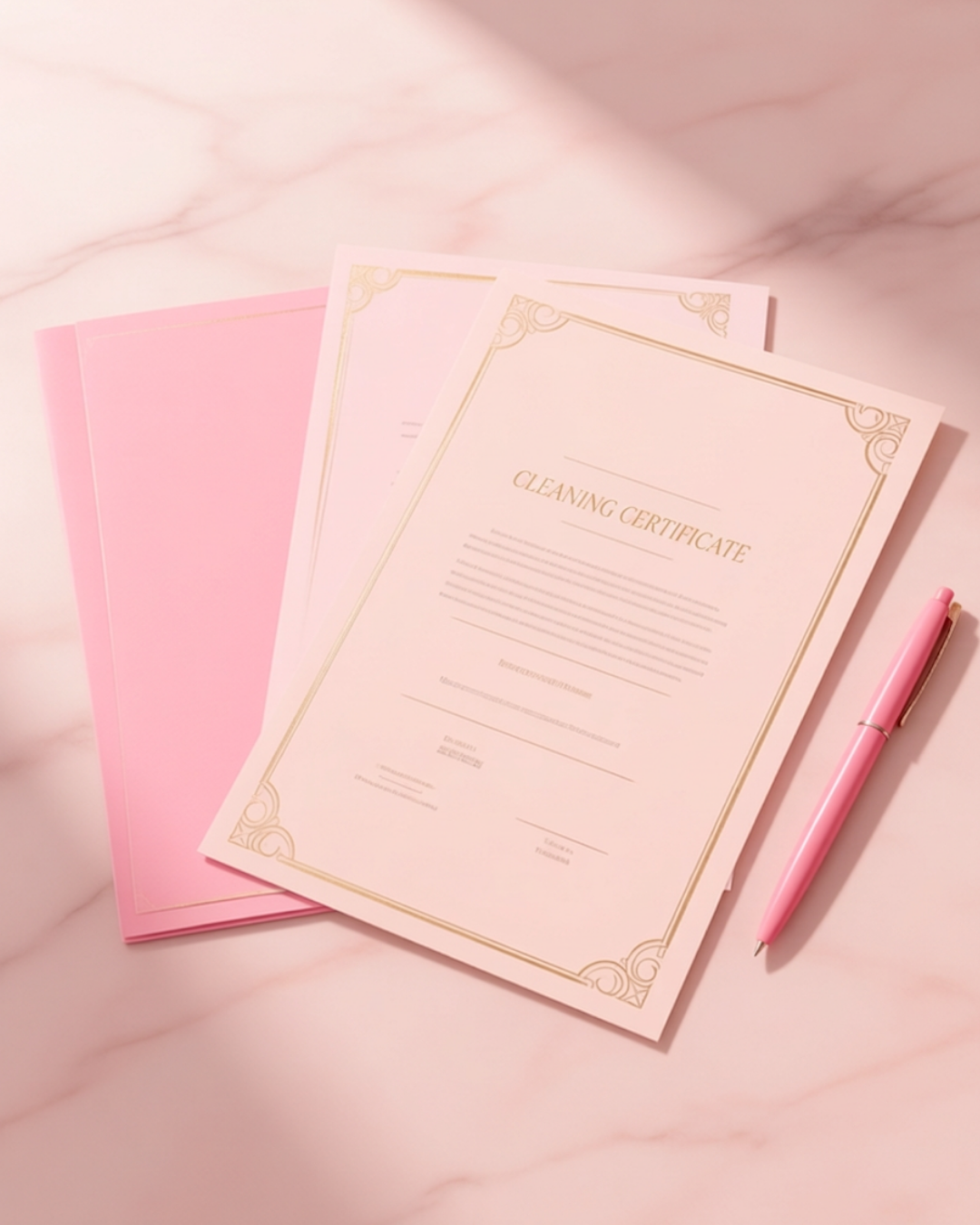 A pink pen and documents, including a cleaning certificate and pink folders, are arranged on a light pink marble surface.