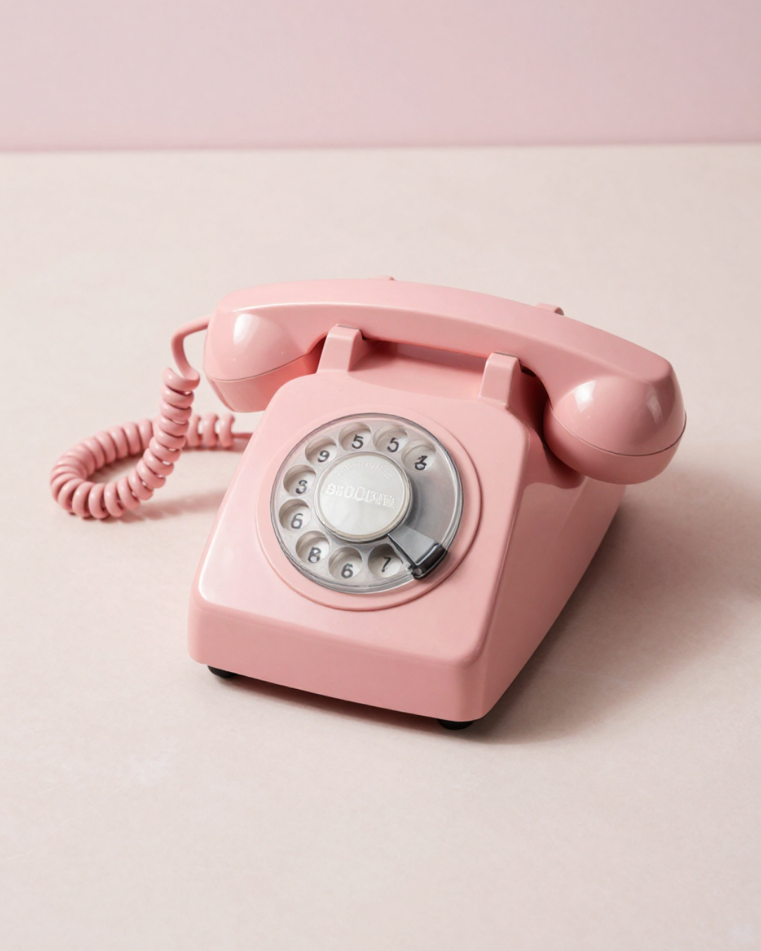A pink vintage rotary dial telephone on a neutral surface with a pink and white background.