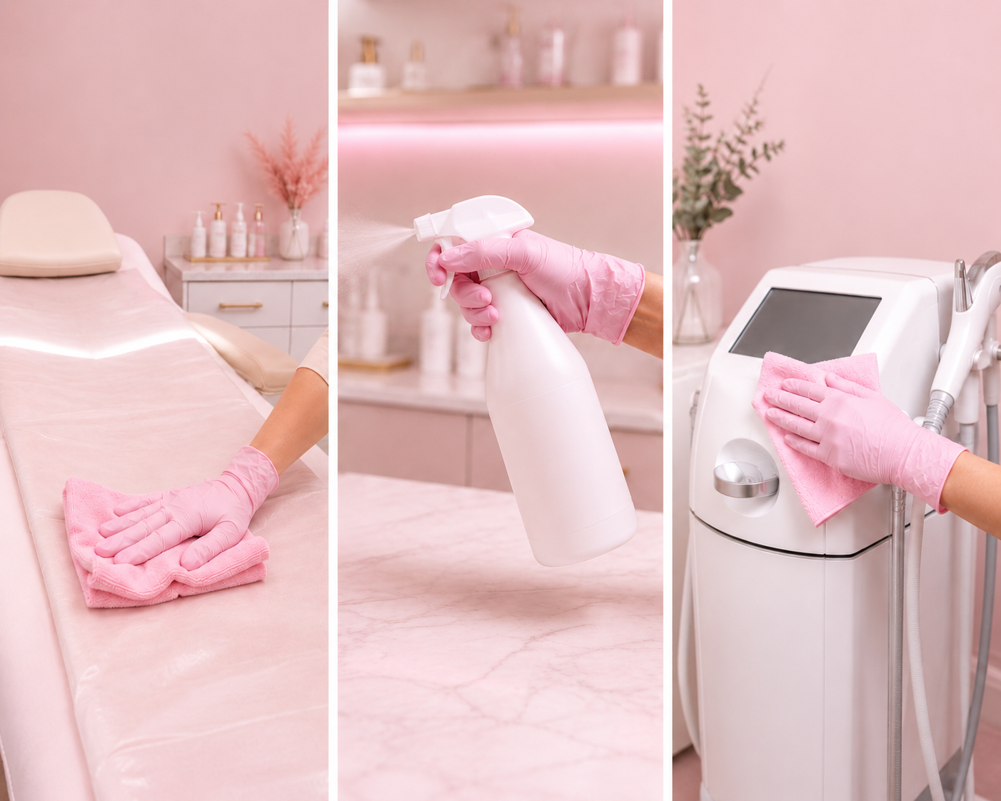 A three-part collage showing a beauty treatment room with a pink theme. The first part features a massage bed covered with a pink sheet, being wiped by a person wearing pink gloves. The second part shows a person holding a spray bottle, aerosol spraying a disinfectant. The third part depicts a person cleaning a medical or cosmetic device with a pink cloth, in a pink-themed room with a plant in the background.