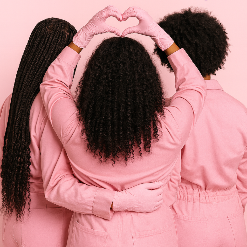 Three women with curly or braided hair in pink uniforms standing with their backs to the camera, one making a heart shape with her gloved hands.