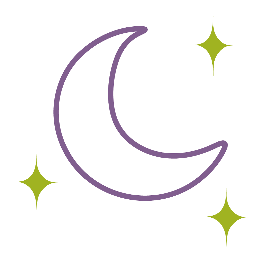A cartoonish crescent moon with purple outline surrounded by four green sparkling stars on black background.