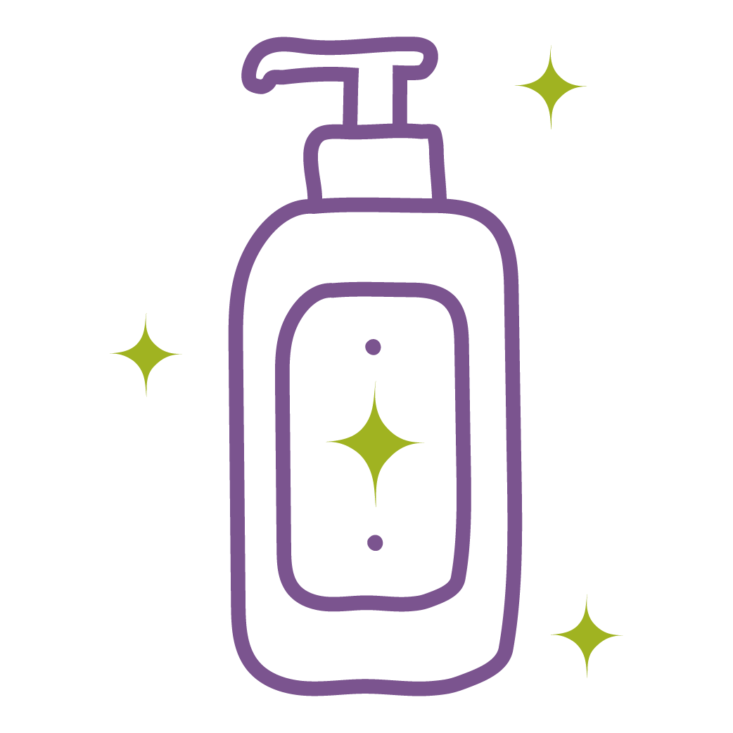 A simple, hand-drawn outline of a purple pump-style soap or sanitizer bottle with a label featuring a green sparkle, surrounded by three additional green sparkles on a black background.
