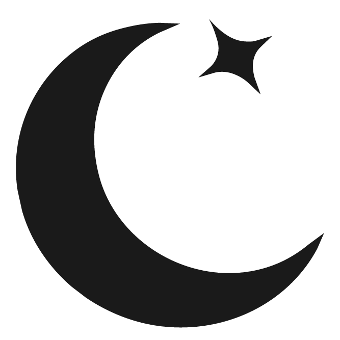Black silhouette of a crescent moon with a small star nearby