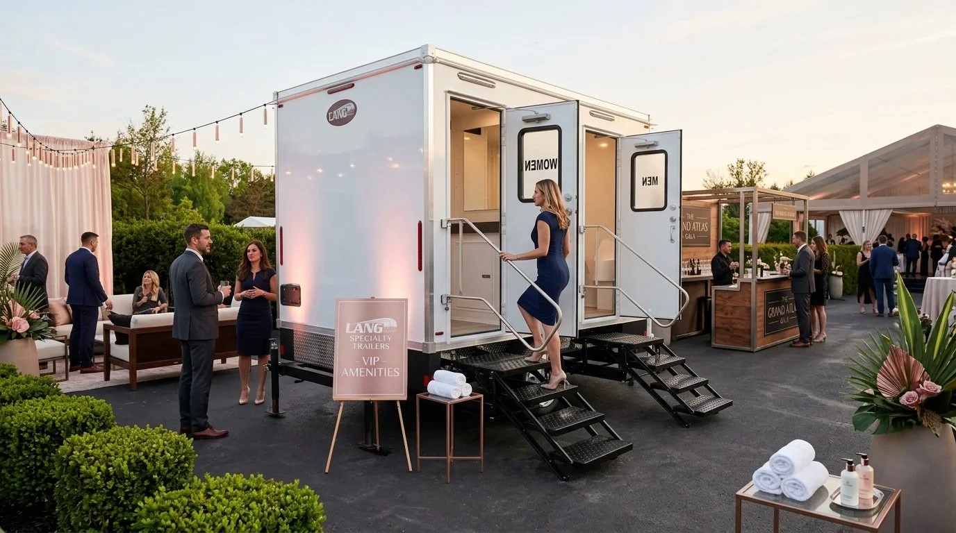 Guests enjoying an upscale outdoor event with luxury restroom trailer accommodations in Johnston County, North Carolina, featuring elegant tents and evening event lighting.