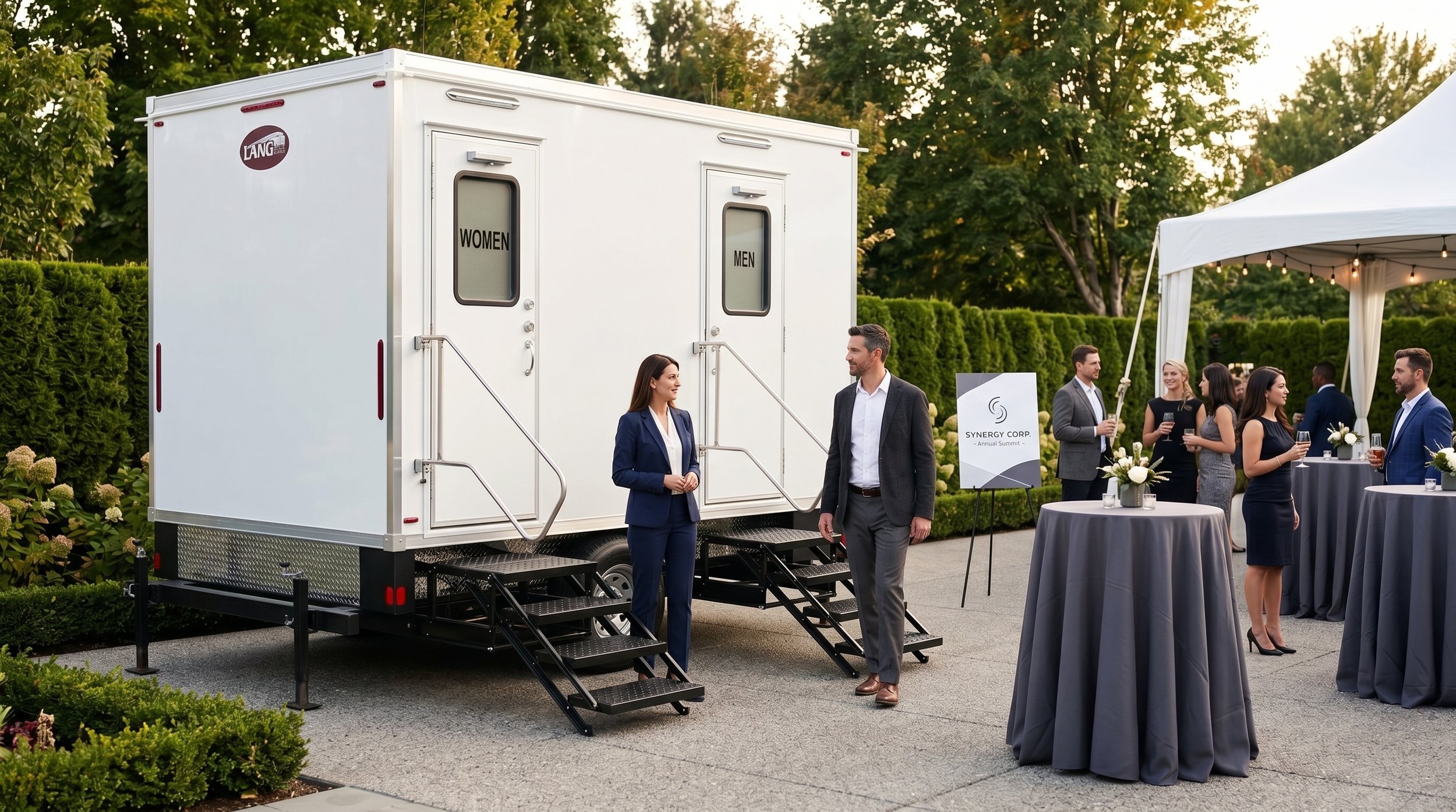 Luxury restroom trailer rental for outdoor events in North Carolina with guests, elegant tented seating, floral décor, and elevated event hospitality.