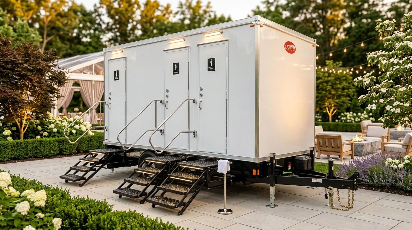 White portable restroom trailer with three doors, each marked with symbols for male and female, set up in an outdoor garden with patio furniture and string lights in Benson NC.