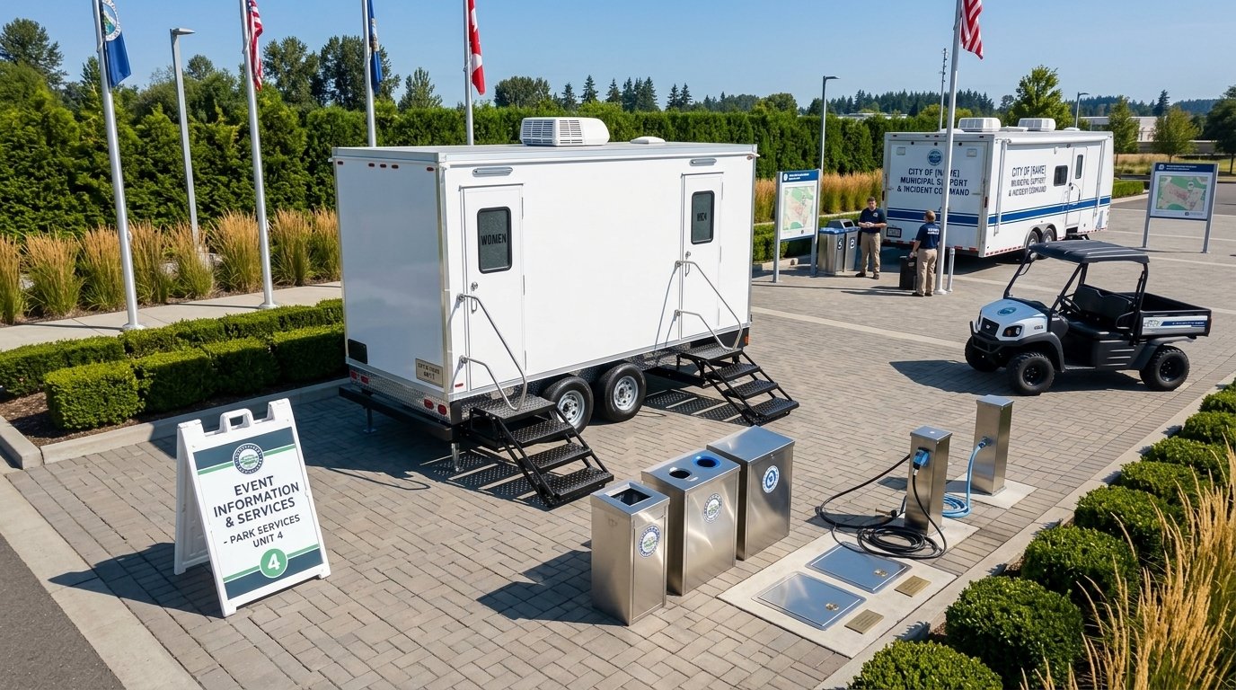 Municipal event parking lot with two trailers, a golf cart, event sign, recycling bins, and charging stations, surrounded by greenery and flags in North Carolina.