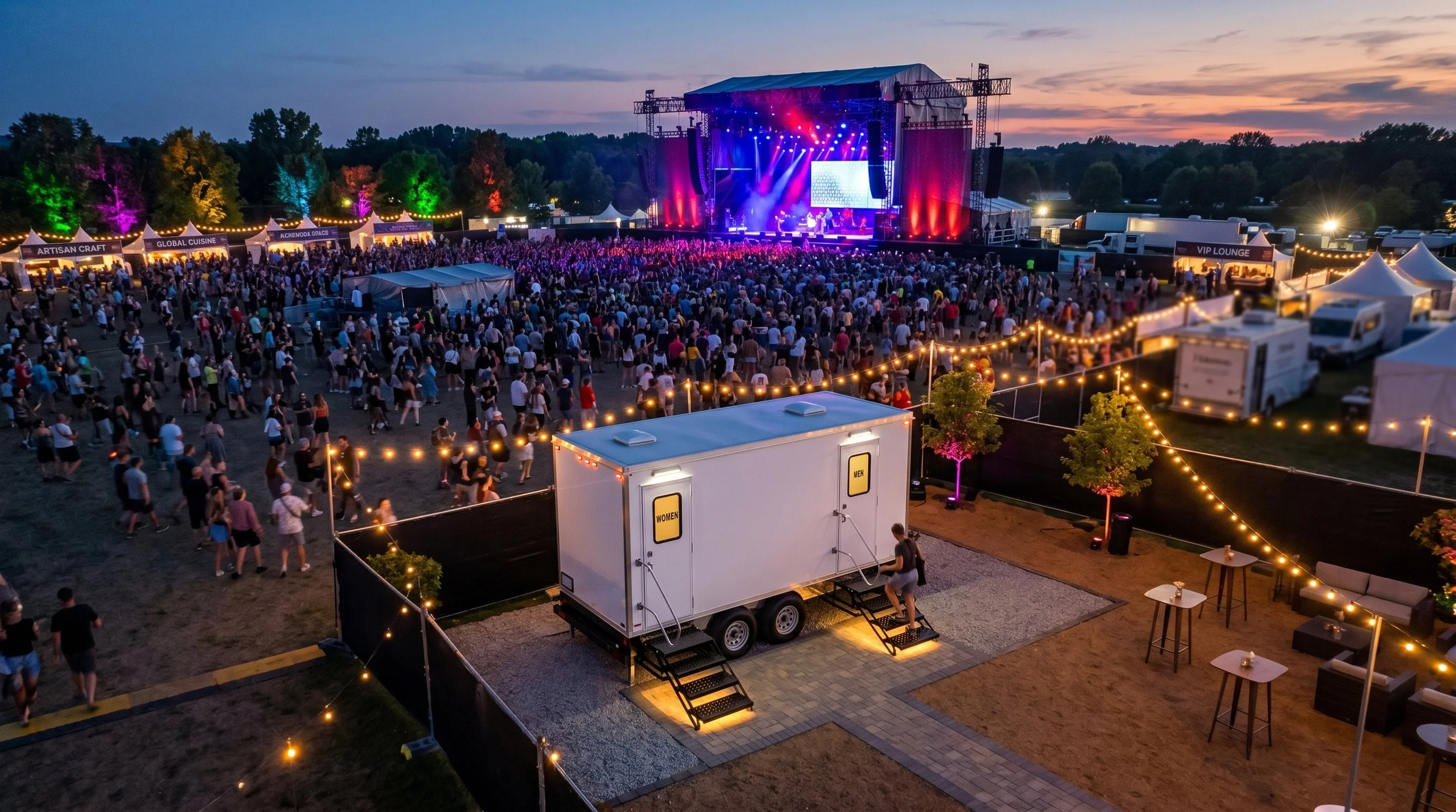 Luxury restroom trailer accommodations for outdoor concerts, festivals, and large public events in North Carolina with crowds, food vendors, and live entertainment.