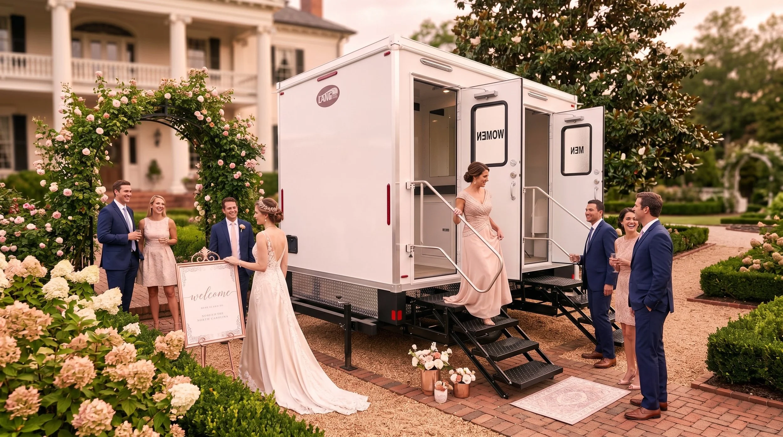 Luxury restroom trailer set up at an outdoor wedding near Owensboro Kentucky serving Evansville Indiana and surrounding areas