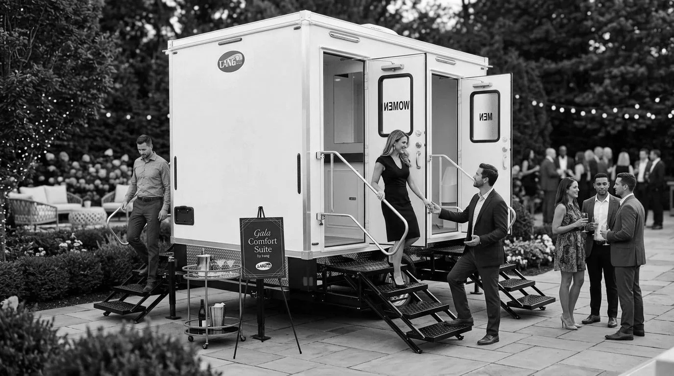 People socializing at a party around a mobile unit labeled 'Gala Comfort Suite,' with some exiting and others standing nearby, holding drinks.