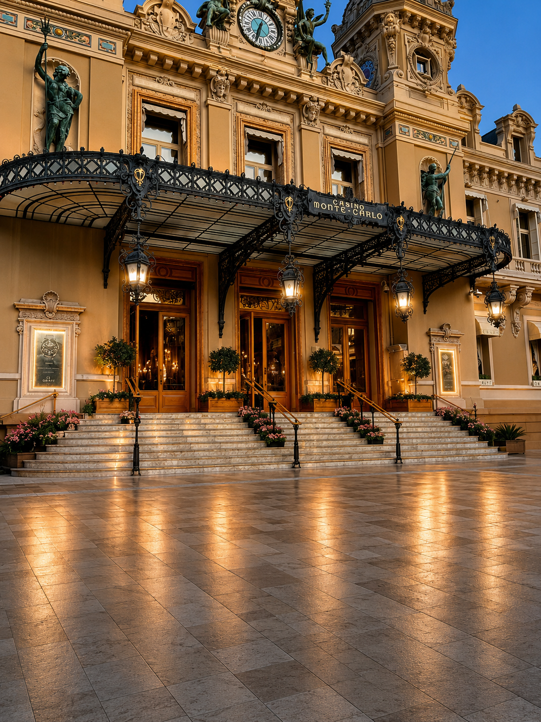 Exterior view of Casino Monte Carlo with steps leading up to the entrance, decorative lanterns, potted plants, and ornate architectural details.