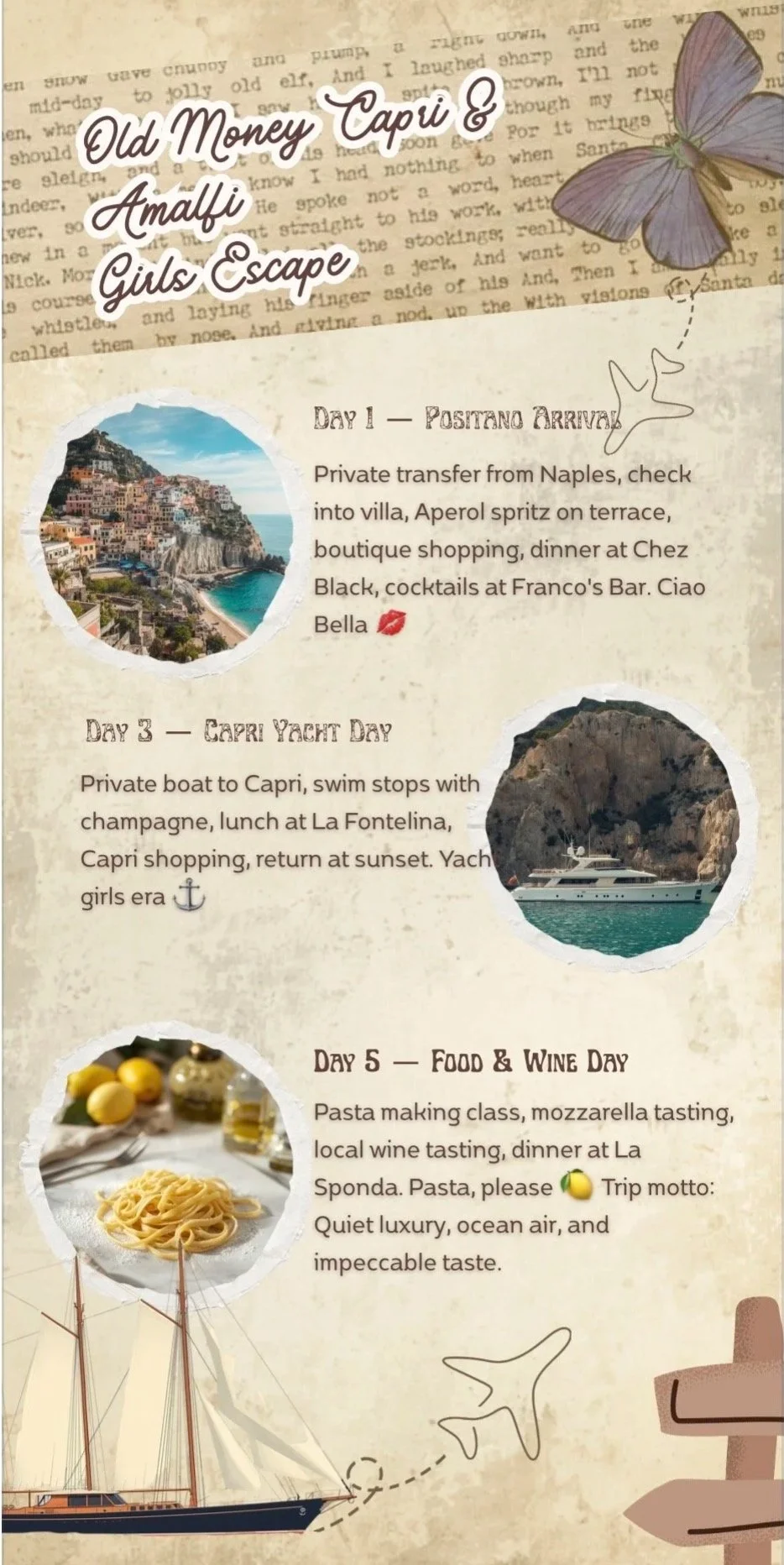 Travel itinerary featuring images of Capri, Italy, including a scenic coastal town and a yacht, with handwritten notes, butterflies, a plate of pasta, and a sailing ship illustration.