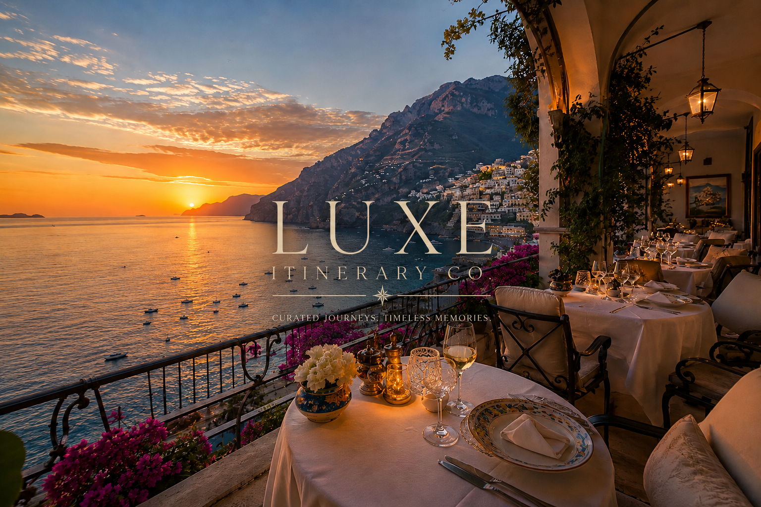 An elegant outdoor restaurant overlooking the ocean at sunset, with lit candles, wine glasses, and table settings on a terrace decorated with pink flowers.