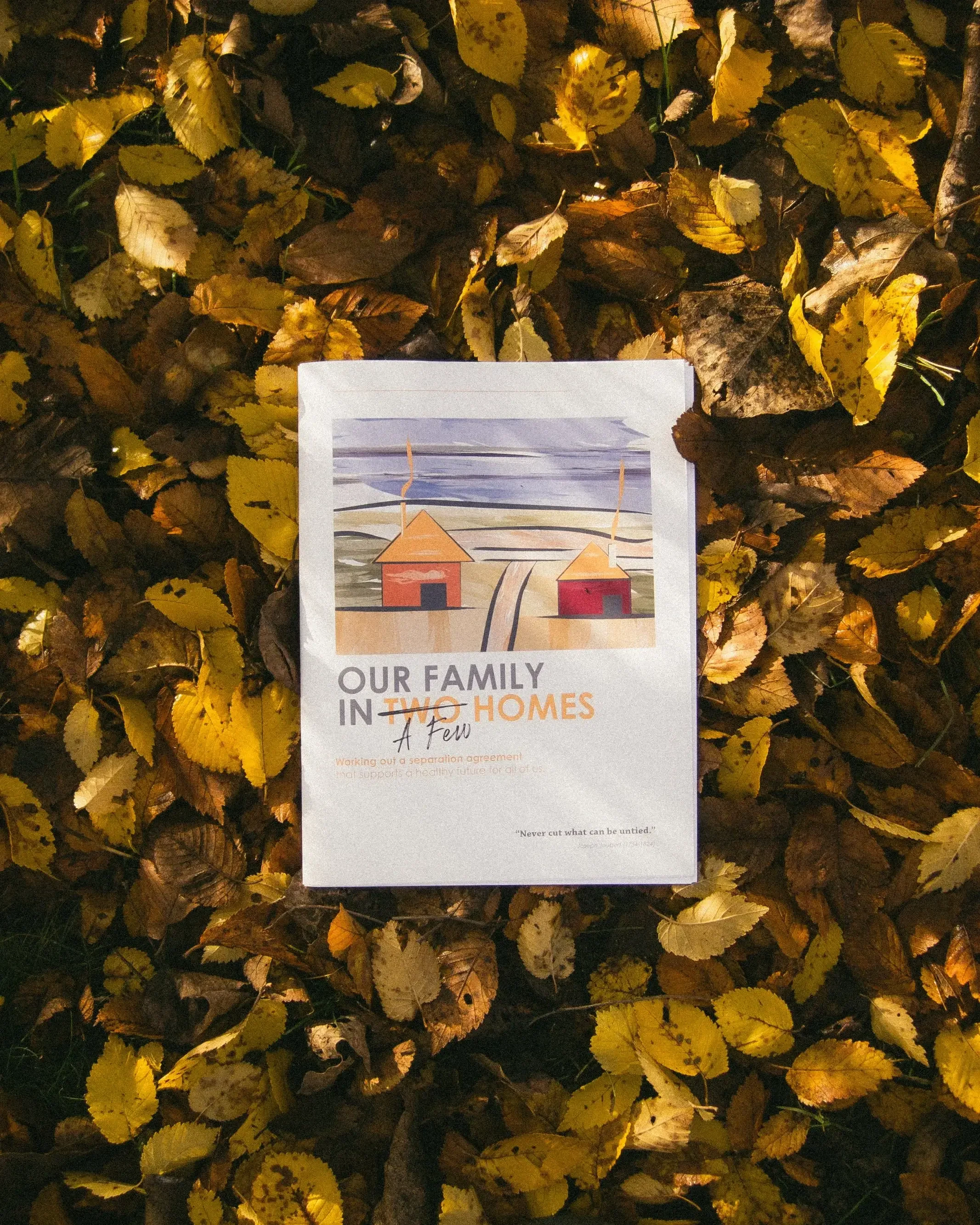 A printed poster with a landscape illustration of a beach scene, including houses and a sky, is placed on a bed of yellow and brown fallen leaves.