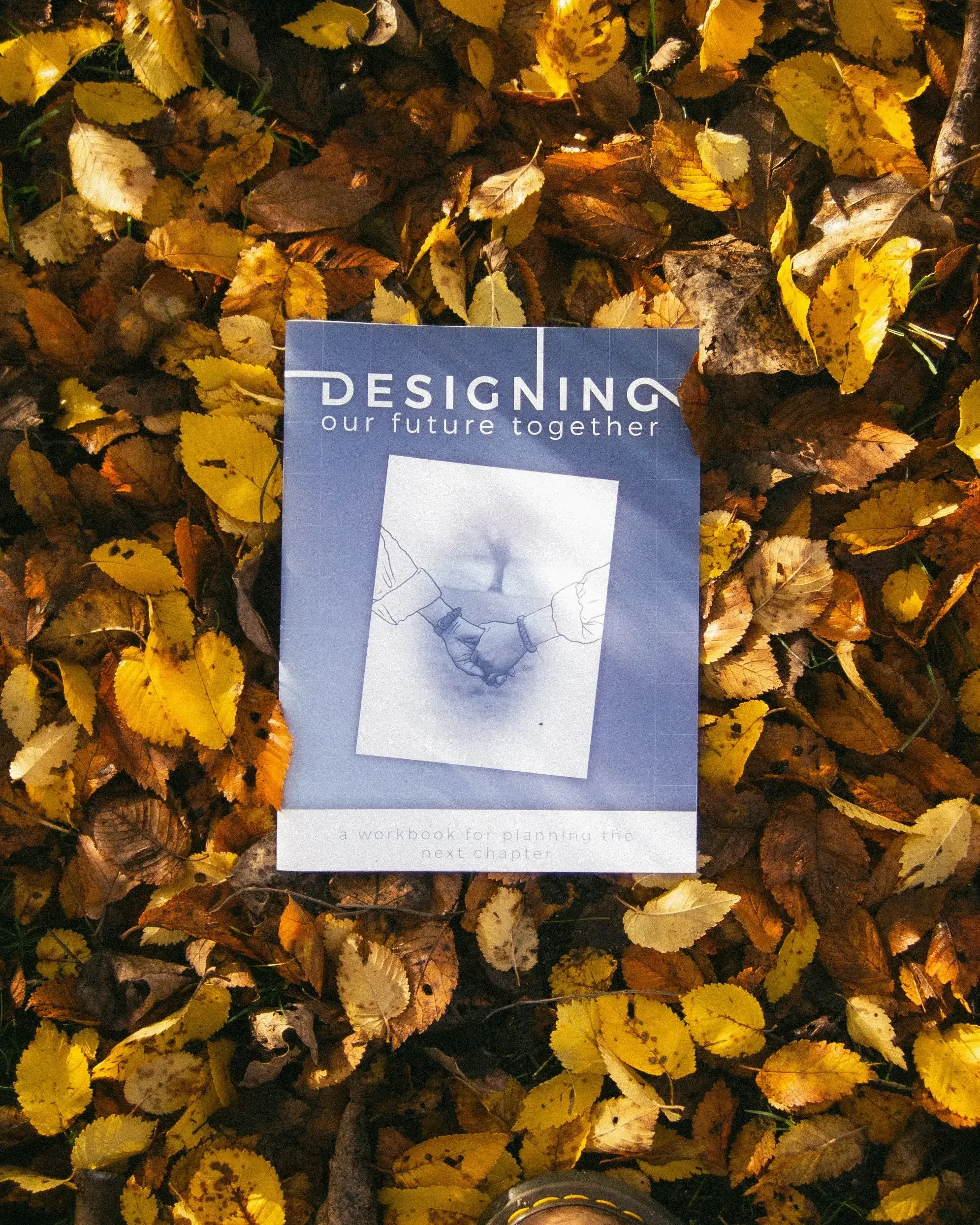 A booklet titled 'Designing our future together' on a bed of yellow and brown autumn leaves.