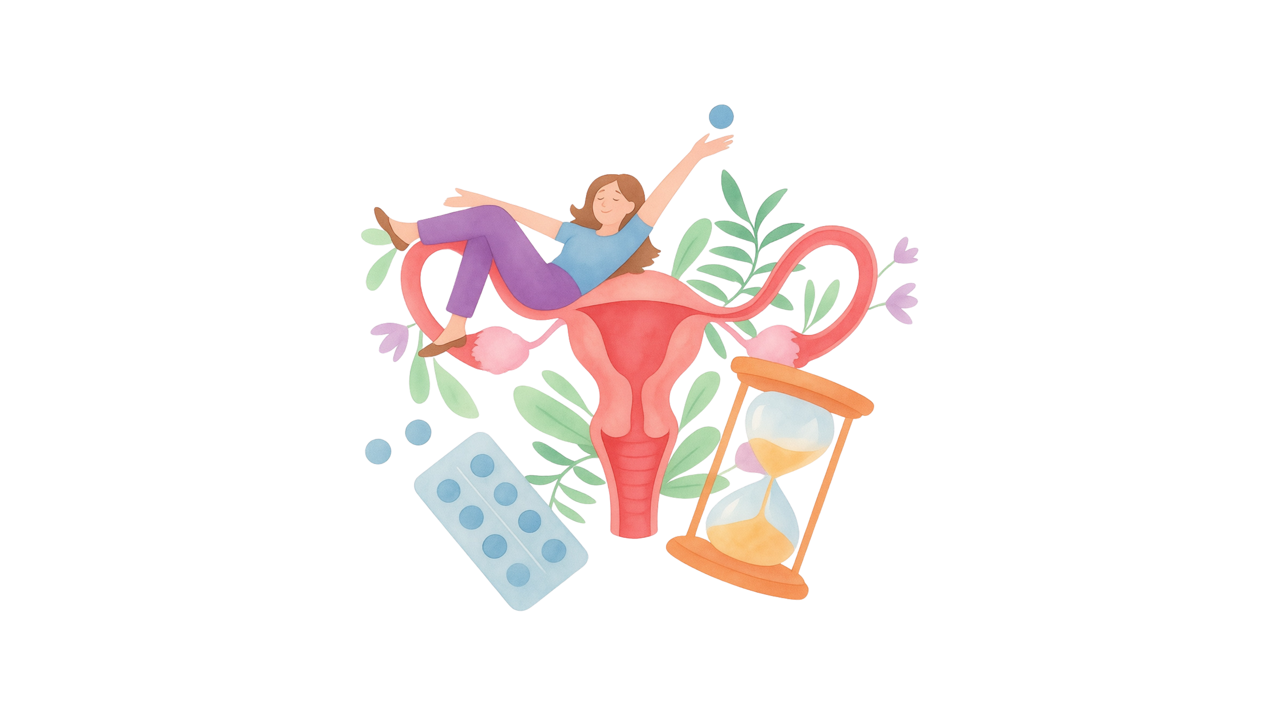 Illustration of a woman lying on a stylized uterus with foliage, surrounded by medicine and health-related items like a pill blister pack, an hourglass, and pills.