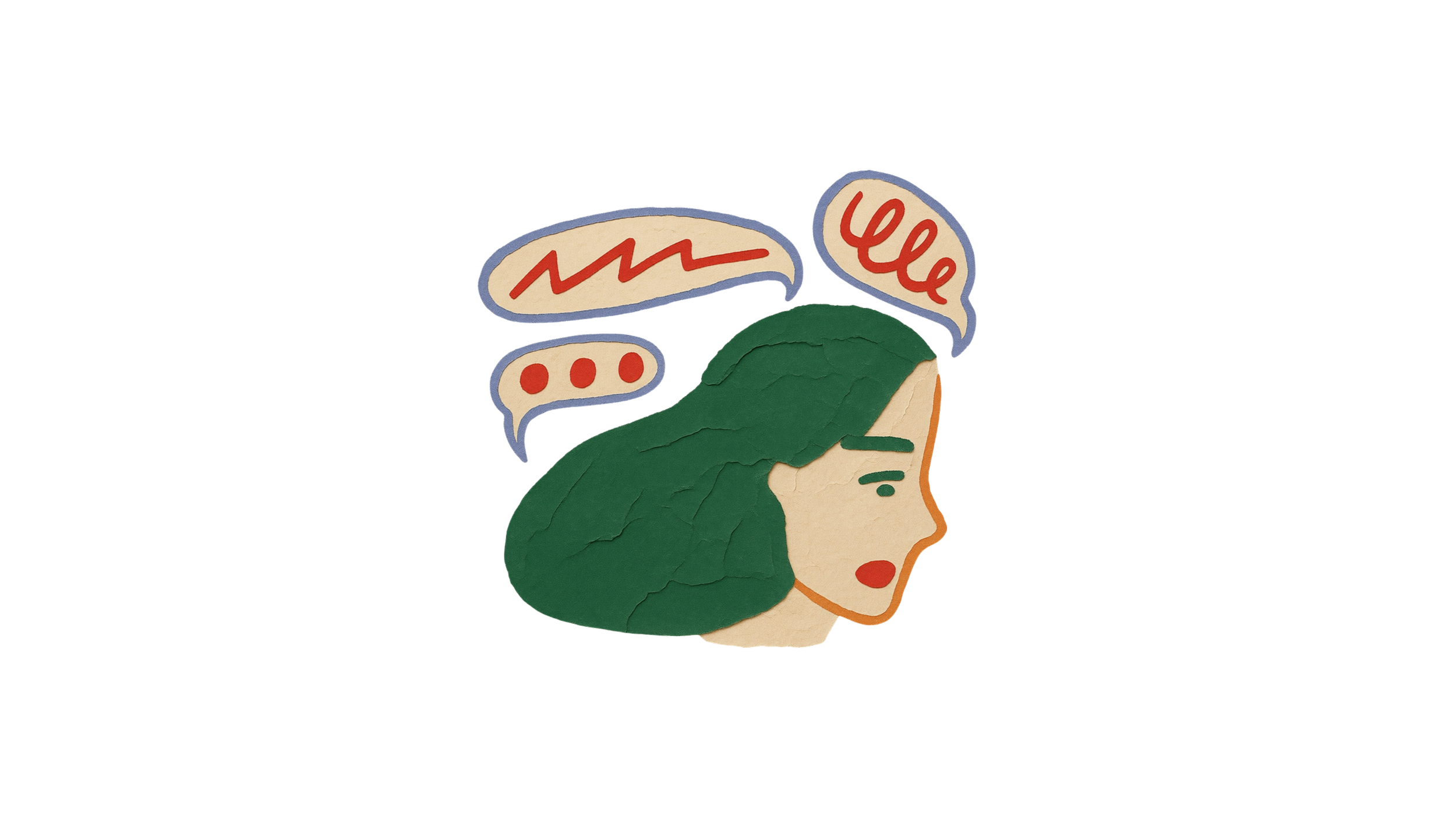 Illustration of a person with green hair and makeup, with three speech bubbles above the head containing red squiggly lines and dots, symbolizing confusion or frustration.