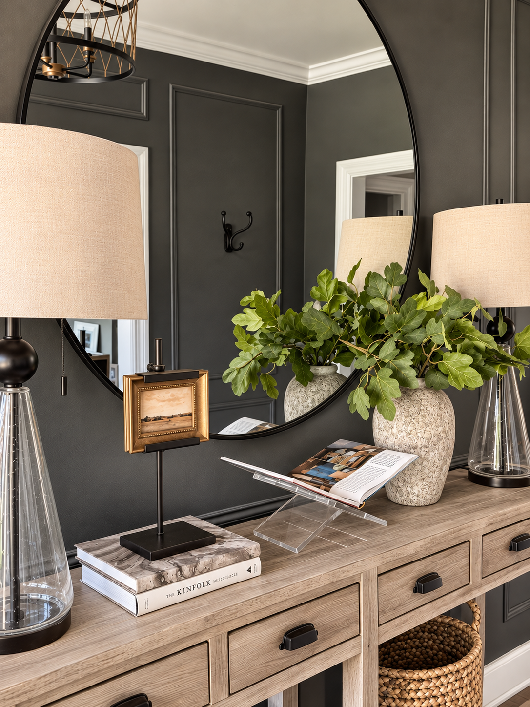 Elegant Console Vignette with Round Mirror.png