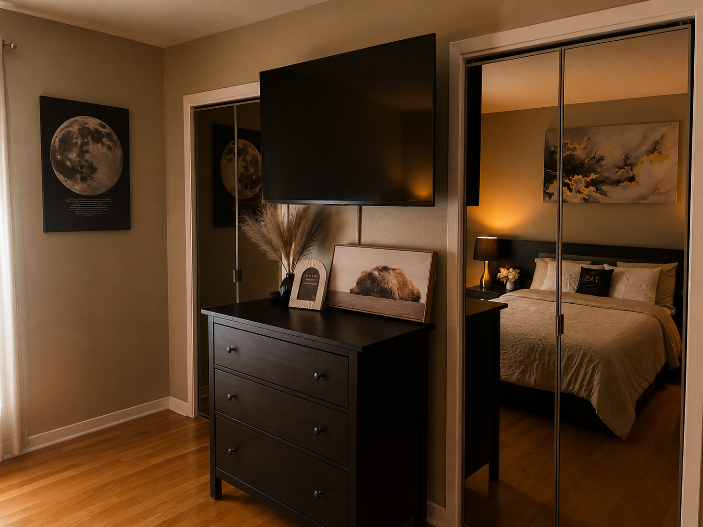 Bedroom with beige walls, framed moon poster, black dresser with decorative items, a TV mounted on wall, and a bedroom visible through mirrored closet doors