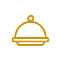 Line drawing of a covered serving dish with a handle on top, in gold color.