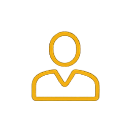 Outline of a person icon with a gold border and a brown shirt, set against a black background.