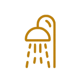 Showerhead with water streaming down, illustrated in gold lines.