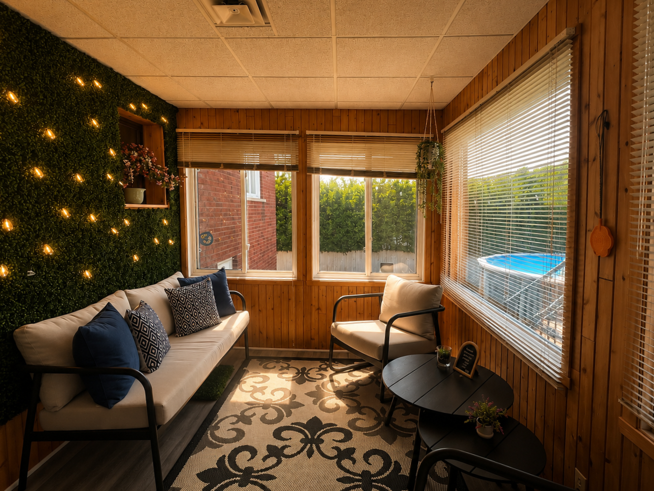 A cozy sunroom with wooden wall paneling, large windows with blinds, a beige sofa with blue and black patterned pillows, a white armchair, a black side table with small plants, and string lights on a green wall with flower decor.