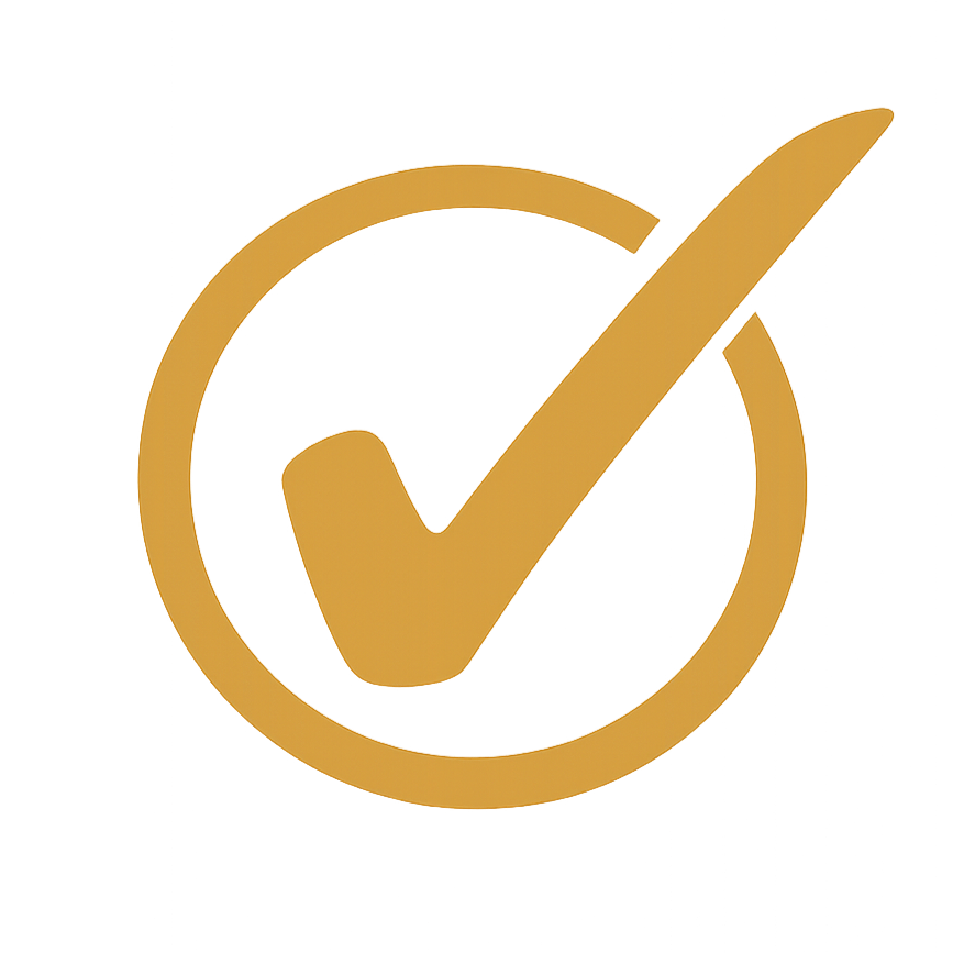 Golden checkmark inside a circle symbolizing approval or verification.