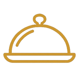 A neon sign shaped like a covered serving platter with a cloche on top, outlined in yellow, against a black background.