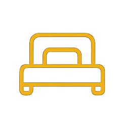 Line drawing of a bed with a headboard, in yellow.