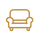 Outline illustration of a sofa with a cushioned seat and armrests.