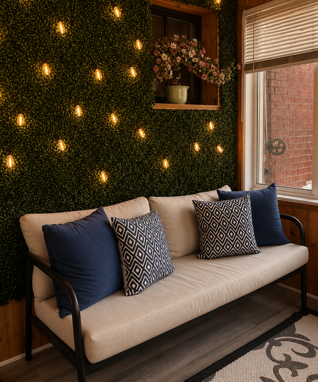 A beige sofa with four navy blue and patterned throw pillows, set against a green leafy wall with warm string lights, next to a window with blinds and a brick exterior visible outside.
