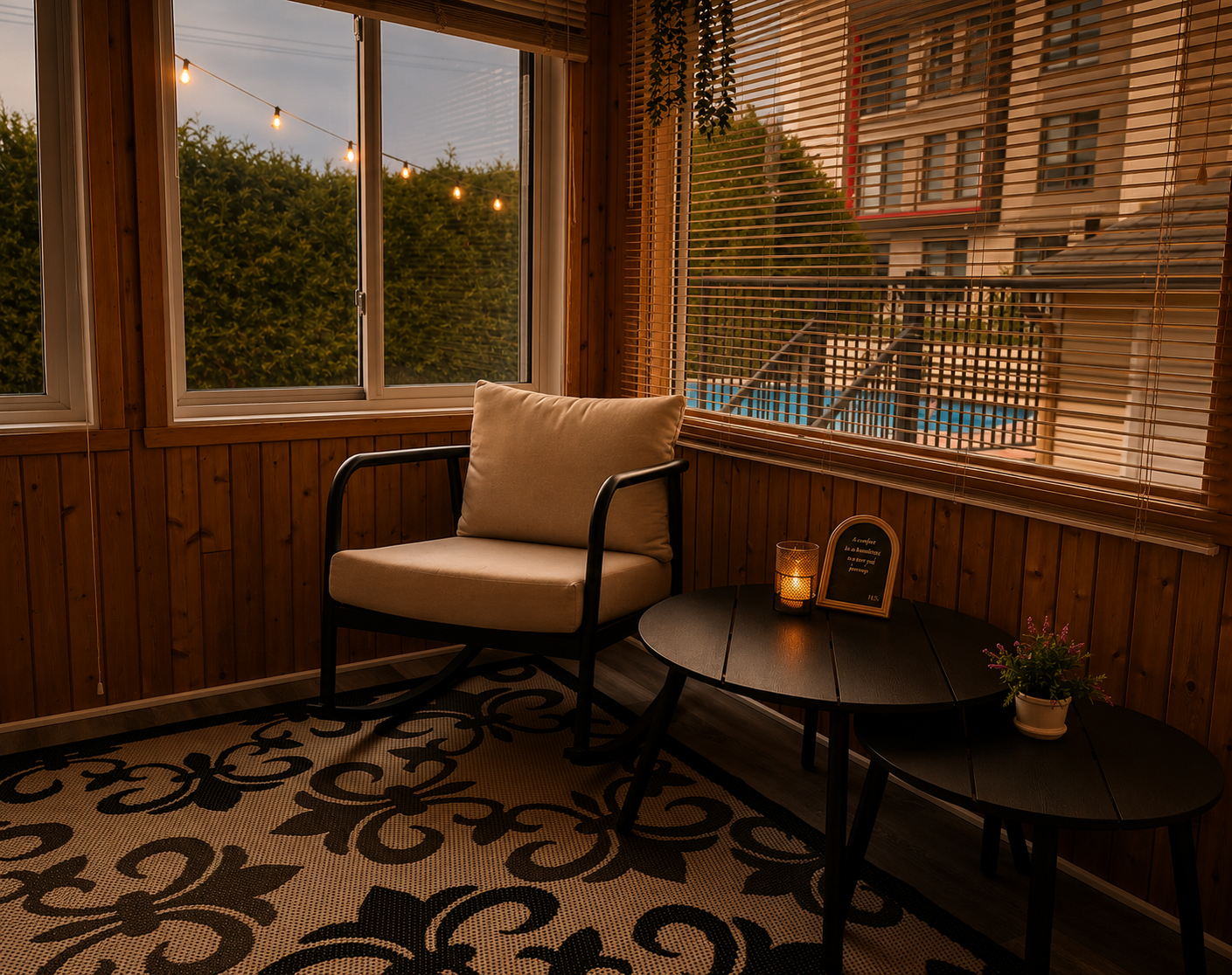 Cozy sunroom with wooden walls, black and beige patterned rug, beige cushioned chair, two black coffee tables with a candle, framed quote, and potted plant, overlooking outdoor greenery and pool with string lights outside.