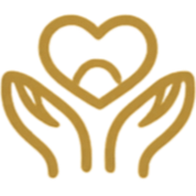 Two gold hands holding a gold heart with a smaller heart inside it.