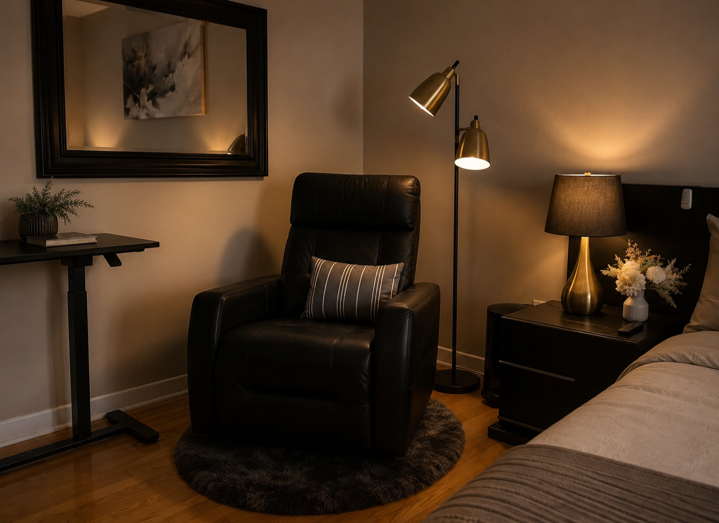 Dimly lit bedroom corner with black leather recliner, striped pillow, side table with black table lamp, gold vase with white flowers, floor lamp, and large mirror on the wall.
