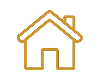 A simple outline of a house with a pitched roof, a chimney, and a front door, drawn with brown lines.