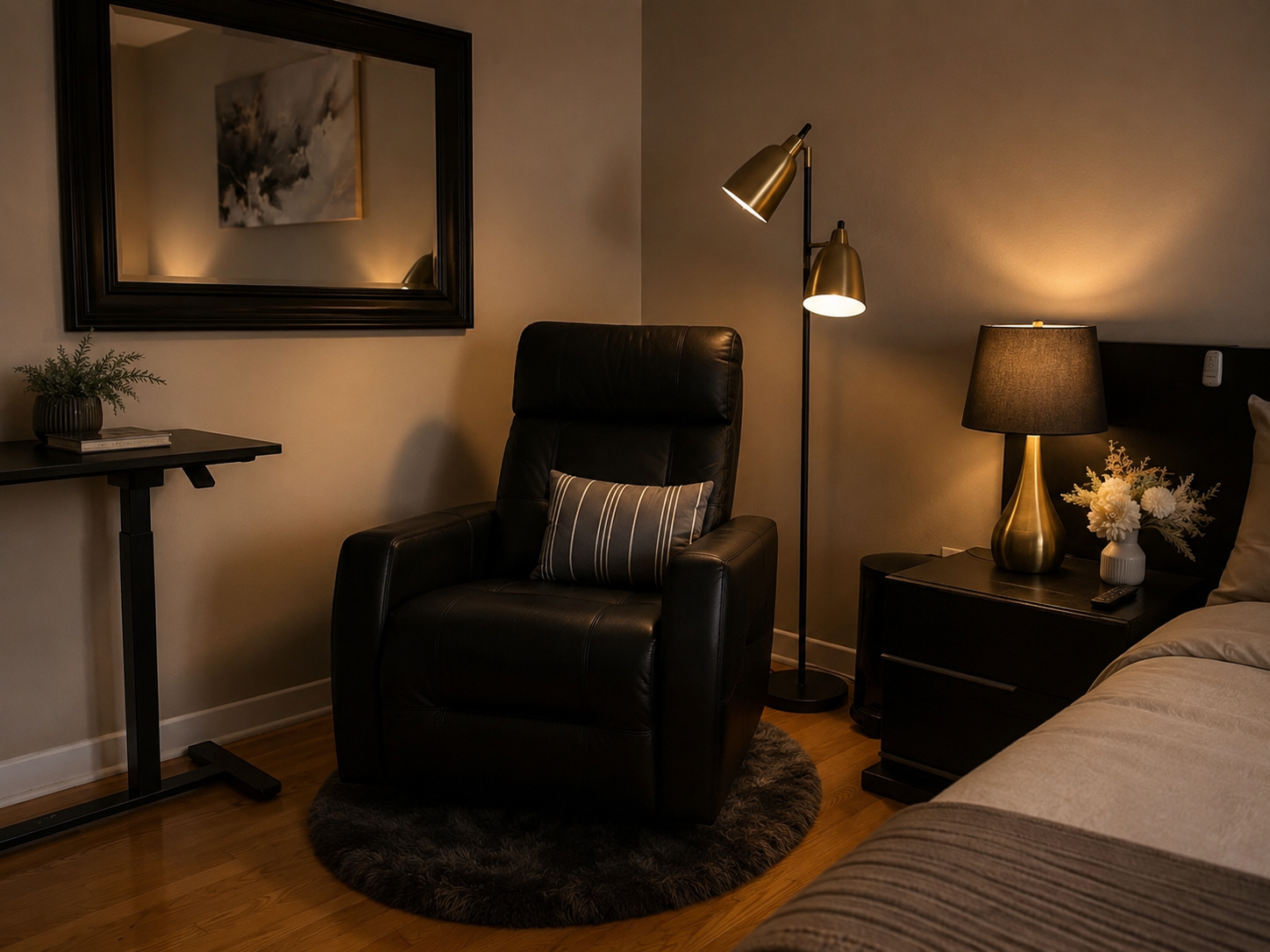 A cozy bedroom corner featuring a black leather armchair with a striped pillow, a side table with a gold lamp and a white flower vase, a standing floor lamp with two gold shades, a large wall mirror, and part of a bed with a beige blanket.