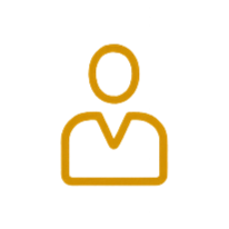 Icon of a person with short hair, wearing a V-neck shirt, in gold color on a black background.